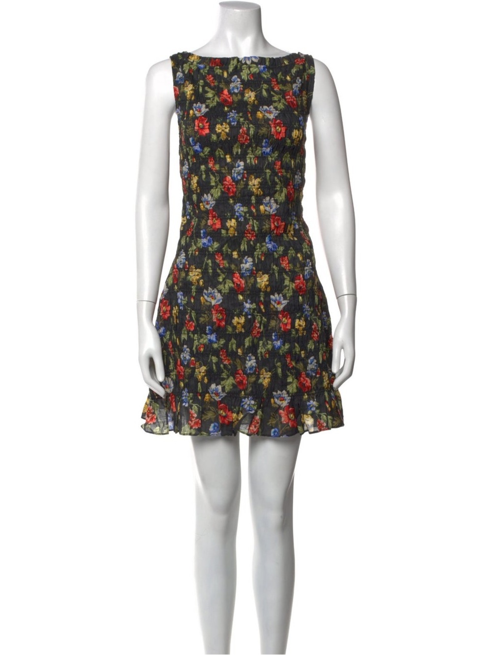 DÔEN Black Floral Print Mini Dress Sleeveless Bateau Neck L